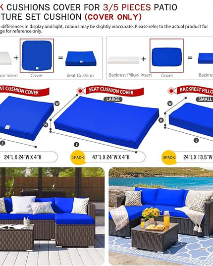 ClawsCover 6Pack Outdoor Seat and Back Cushions Replacement Covers Fit for 3 Pieces 3-Seater Wicker Rattan Patio Furniture Conversation Set Sectional Couch Chair,Royal Blue-Include Cover Only - LeafyLoom