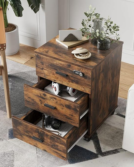Soohow 3 Drawers Vertical Detachable Cushion Mobile Under Desk File Cabinet with Smart Lock/Casters,Rustic-Black, Large, Brown - LeafyLoom