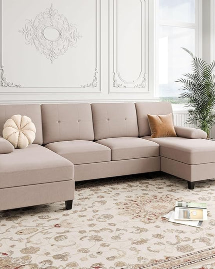 Shintenchi Sectional Couches for Living Room, U Shaped Sofa Couch with Double Chaise, 4-Seat Living Room Furniture Sets with Soft Cushion & Linen Fabric, Beige - LeafyLoom