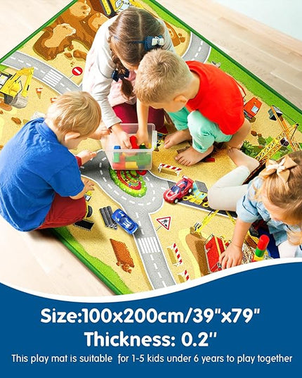 Booooom Jackson Construction Car Rug Kids Rug 39”,x79”,Durable Construction Site Play Mat,Construction Car Mat, Construction Area Rug,Car Road Rug for Play and Learning,Construction Vehicle Play Mat - LeafyLoom
