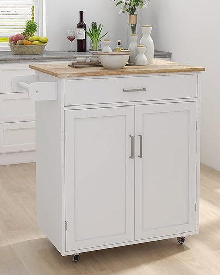 Kitchen Island with Storage, 32" kitchen Island Cart with Drawer and Adjustable Shelf, Rolling Kitchen Island with Towel Rack and Rubber Wood Table Top for Dining Room, Living Room, White - LeafyLoom