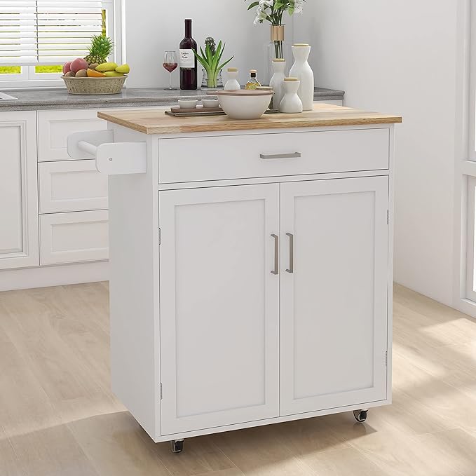 Kitchen Island with Storage, 32" kitchen Island Cart with Drawer and Adjustable Shelf, Rolling Kitchen Island with Towel Rack and Rubber Wood Table Top for Dining Room, Living Room, White - LeafyLoom