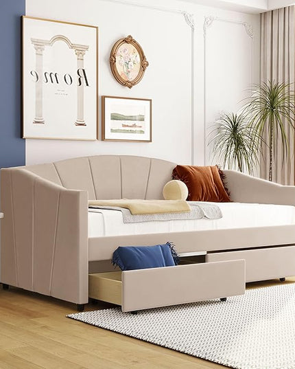 Twin Size Upholstered Daybed with Two Drawers, Wood Slat Support Sofa Bed with Armrest, No Box Spring Needed, Easy to Assemble, for Studio, Bedroom, Living, Guest Room, Beige - LeafyLoom