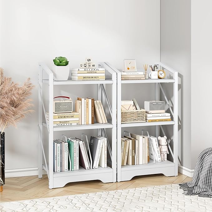 Vagusicc 3 Tier Bookshelf, Small Book Shelf Industrial Bookshelf, Wood Short Book Shelf Office Shelves with Metal Frame, White Open Shelf Storage Organizer Bookcase for Living Room Bedroom, White - LeafyLoom