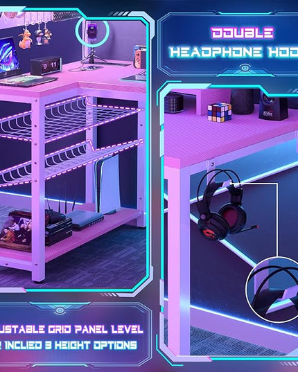 Homieasy Small Gaming Desk with Power Outlets Pegboard LED Light, 43 Inch L Shaped Computer Desk with Monitor Stand Storage Shelves, Reversible Corner Desk with Headset Hooks, Carbon Pink - LeafyLoom