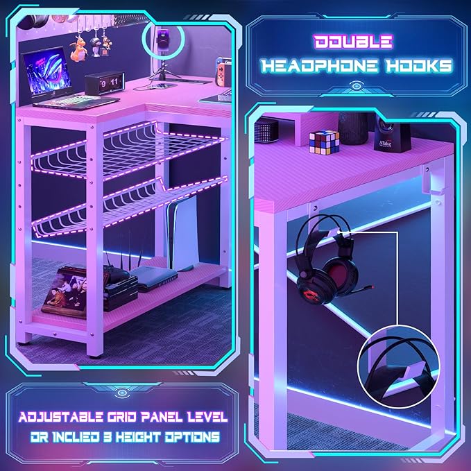 Homieasy Small Gaming Desk with Power Outlets Pegboard LED Light, 43 Inch L Shaped Computer Desk with Monitor Stand Storage Shelves, Reversible Corner Desk with Headset Hooks, Carbon Pink - LeafyLoom