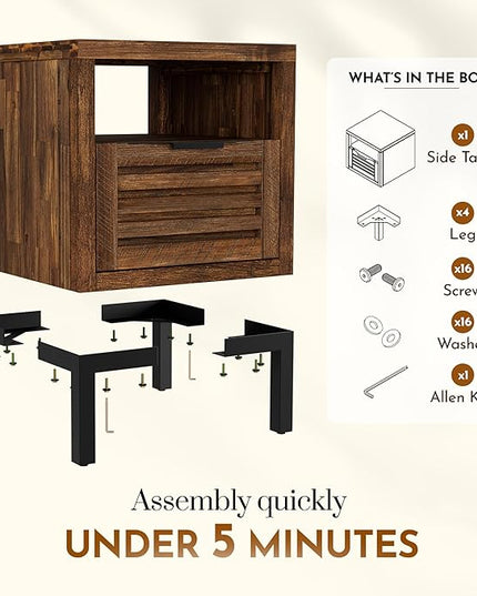 Bme Solid Acacia Wood Nightstand with Drawers & Open Shelf, Pre-Assembled Industrial Modern Living Room, Bedroom, Millie Rustic Side Table, Nighstand Rustic Chesnut - LeafyLoom