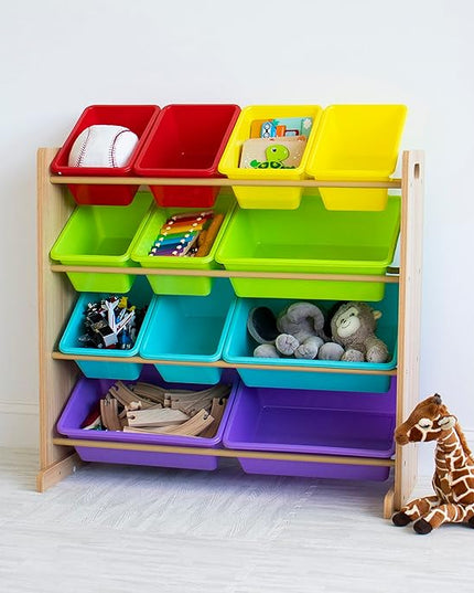 Humble Crew Kids Toy Storage Organizer with 12 Storage Bins, Rainbow/Natural Wood - LeafyLoom