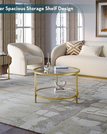 SAYGOER Round Glass Coffee Table 2 Tier Coffee Tables with Storage Shelf for Large or Small Space Modern Simple Center Table with Gold Frame for Living Room Home Office, Easy Assembly… - LeafyLoom