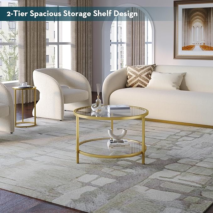 SAYGOER Round Glass Coffee Table 2 Tier Coffee Tables with Storage Shelf for Large or Small Space Modern Simple Center Table with Gold Frame for Living Room Home Office, Easy Assembly… - LeafyLoom
