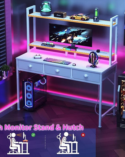 Furologee White Gaming Desk with Power Outlet and LED Light, 47" Computer Desk with 3 Fabric Drawers, Home Office Desk with Monitor Stand and Hutch for Small Space Working, Study Table with Shelf - LeafyLoom