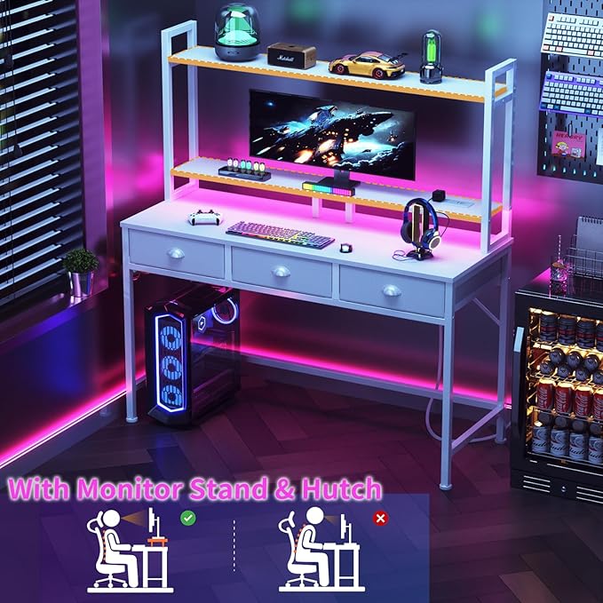Furologee White Gaming Desk with Power Outlet and LED Light, 47" Computer Desk with 3 Fabric Drawers, Home Office Desk with Monitor Stand and Hutch for Small Space Working, Study Table with Shelf - LeafyLoom