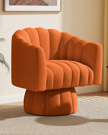 Accent Chair Mid Century 360 Degree Swivel Chair,Modern Lounge Sofa Round Barrel Chair with Wide Upholstered,Fluffy Velvet Fabric Chairs for Home Sofa Living Room/Bedroom/Waiting Room (Orange) - LeafyLoom
