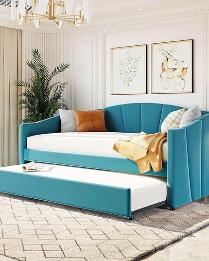 Twin Size Upholstered Daybed with Trundle, Wood Slat Support Sofa Bed with Armrest, No Box Spring Needed, Easy to Assemble, for Studio, Bedroom, Living, Guest Room, Blue - LeafyLoom
