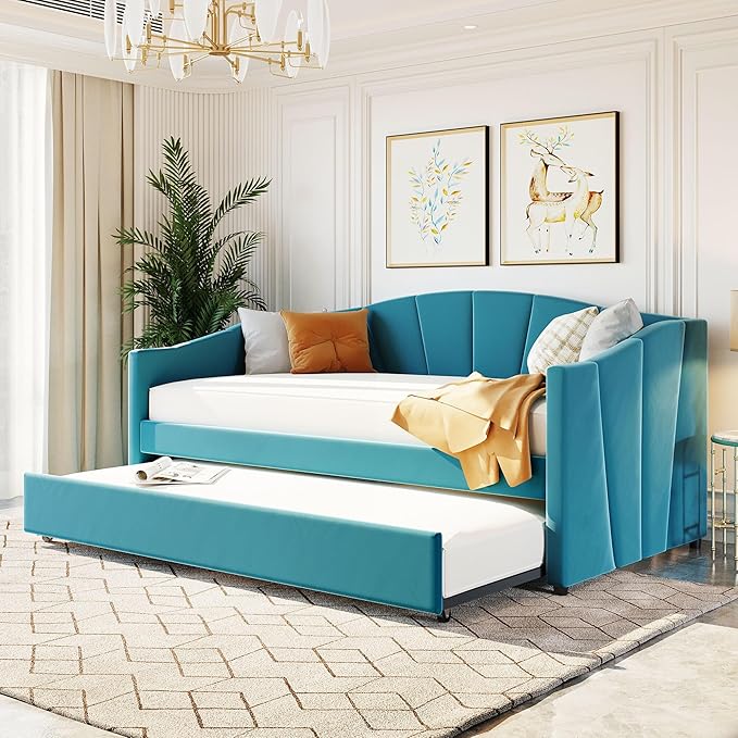 Twin Size Upholstered Daybed with Trundle, Wood Slat Support Sofa Bed with Armrest, No Box Spring Needed, Easy to Assemble, for Studio, Bedroom, Living, Guest Room, Blue - LeafyLoom
