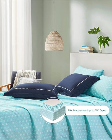 Degrees of Comfort Teen Twin Complete Comforter Sets for Girls, Boho Medallion Tween Bed in A Bag 6 Piece, Blue Microfiber Bedding Set with Sheets, Matching Decorative Pillow - LeafyLoom