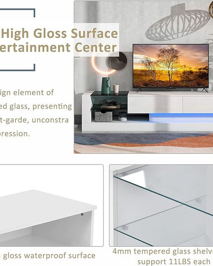 Merax TV Stand with Media Storage Cabinet, Modern High Gloss Entertainment Center for 75 Inch Television, 16 RGB LED Color Changing Lights, for Living Room, 74.8 inch Length, White - LeafyLoom