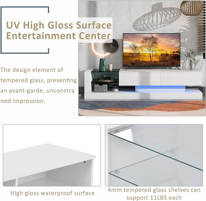 Merax TV Stand with Media Storage Cabinet, Modern High Gloss Entertainment Center for 75 Inch Television, 16 RGB LED Color Changing Lights, for Living Room, 74.8 inch Length, White - LeafyLoom