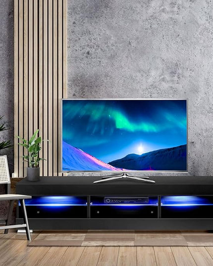 HOMMPA LED TV Stand with LED Lights for 65 inch TV Modern Entertainment Center with Storage 57" Black TV Console with Glass Shelves for Living Room 15" Tall - LeafyLoom