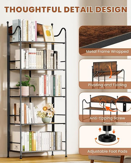 Folding Bookshelf No Assembly, 5 Shelf Black Folding Bookcase, Industrial Tall Metal Collapsible Corner Book Shelf with Storage Shelves for Bedroom, Living Room, Home Office Organization - LeafyLoom