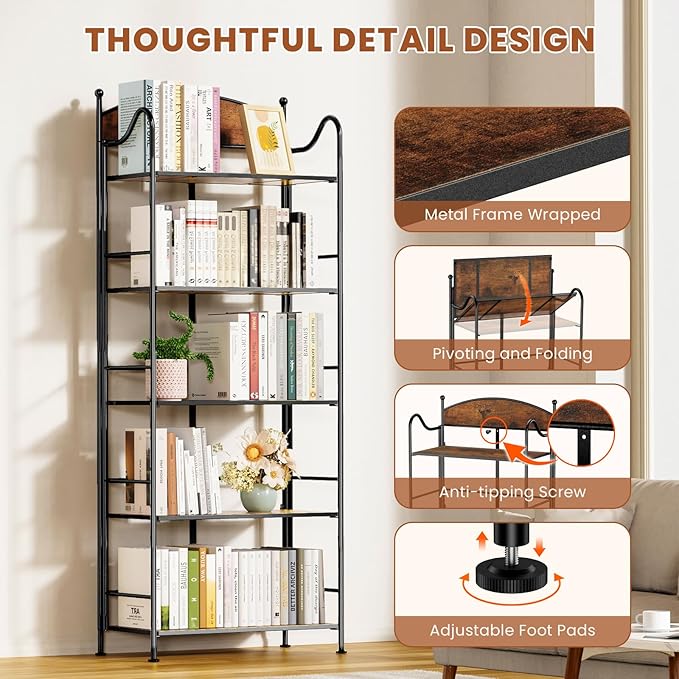 Folding Bookshelf No Assembly, 5 Shelf Black Folding Bookcase, Industrial Tall Metal Collapsible Corner Book Shelf with Storage Shelves for Bedroom, Living Room, Home Office Organization - LeafyLoom