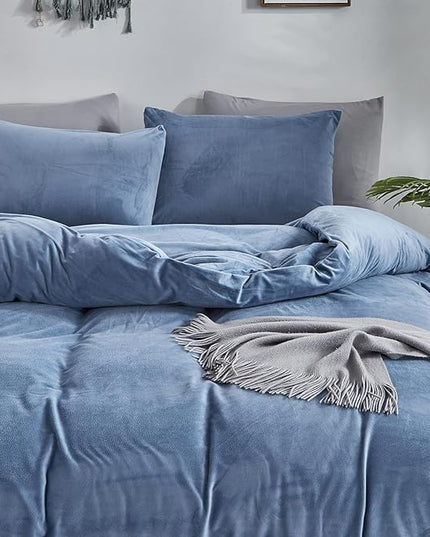 Wellboo Blue Velvet Comforters King Size Women Men Solid Lake Blue Fluffy Bedding Cotton Modern Plain Haze Blue Flannel Quilts Warm Winter Micromink Sherpa Blankets Aesthetic Plush Luxury Dorm Bed - LeafyLoom