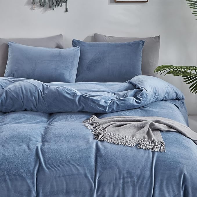 Wellboo Blue Velvet Comforters King Size Women Men Solid Lake Blue Fluffy Bedding Cotton Modern Plain Haze Blue Flannel Quilts Warm Winter Micromink Sherpa Blankets Aesthetic Plush Luxury Dorm Bed - LeafyLoom