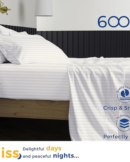 THREAD SPREAD Luxury Egyptian Cotton King Stripe Sheet Set, 600 Thread Count Extra Long Staple 4 PC Set, King Damask Sheets, Soft, Cooling Sateen Weave Striped Sheets Upto 18" Deep Pocket - Ivory - LeafyLoom