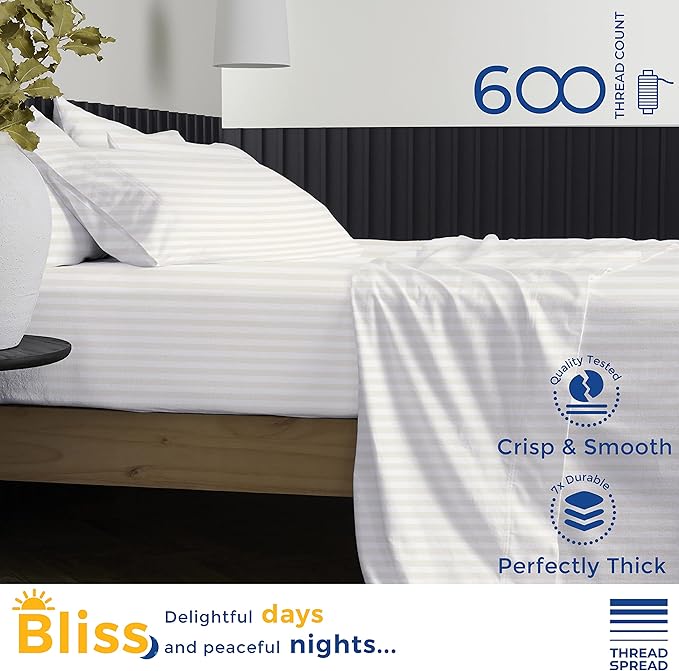 THREAD SPREAD Luxury Egyptian Cotton King Stripe Sheet Set, 600 Thread Count Extra Long Staple 4 PC Set, King Damask Sheets, Soft, Cooling Sateen Weave Striped Sheets Upto 18" Deep Pocket - Ivory - LeafyLoom