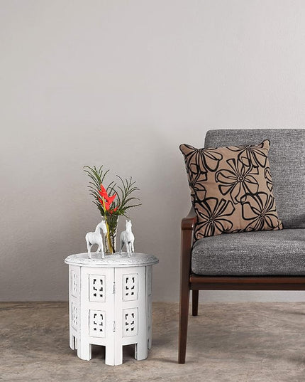 Altar Table,Round Side Table,Small Table, Round End Table,Side Table, Side Tables Living Room,End Table,Carved Side Table,Wood Accent Table,Carved Wood Table 12" Round Top x 12" High White Antique - LeafyLoom