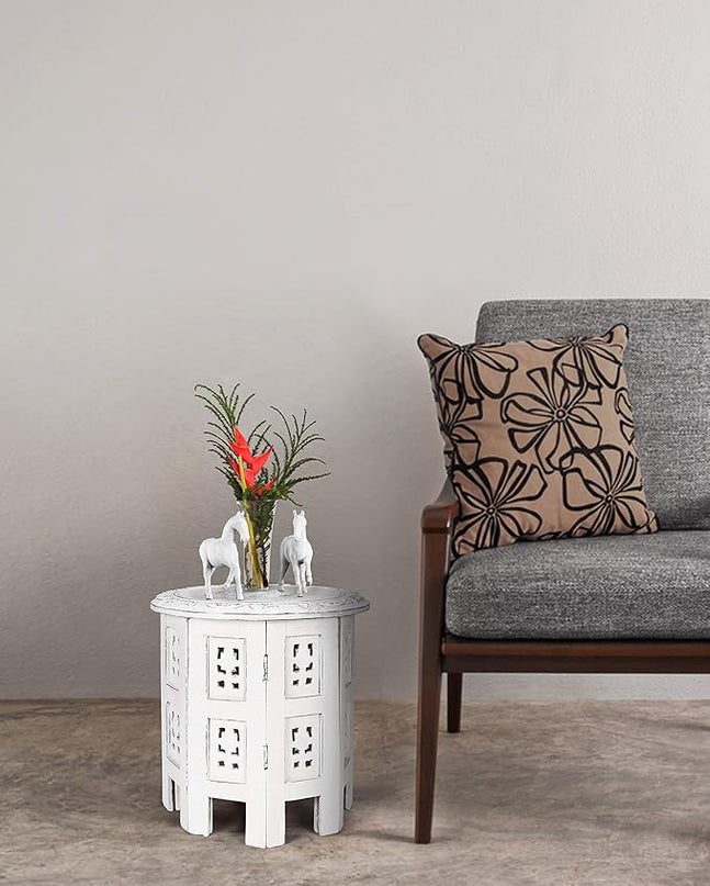 Altar Table,Round Side Table,Small Table, Round End Table,Side Table, Side Tables Living Room,End Table,Carved Side Table,Wood Accent Table,Carved Wood Table 12" Round Top x 12" High White Antique - LeafyLoom