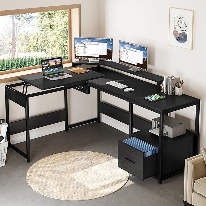 YITAHOME L Shaped Desk with Lift Top, 65" Adjustable Standing Desk with File Drawer, Corner Computer Desk with Storage Shelves,Home Office Desk, Black - LeafyLoom