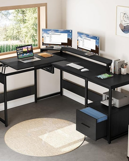 YITAHOME L Shaped Desk with File Drawer, 65" Large Computer Desk Corner Desk with Lift Top, Standing Desk Height Adjustable with Monitor Stand & Storage Shelves for Home Office, Black - LeafyLoom
