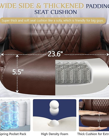 Big and Tall Office Chair 500lbs, Heavy Duty Executive Desk Chair with Adjustable Lumbar Support, Comfy Padded Cushion, Ergonomic PU Leather Home Computer Chair with Extra Wide Seat, Brown - LeafyLoom