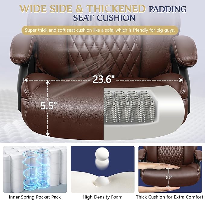 Big and Tall Office Chair 500lbs, Heavy Duty Executive Desk Chair with Adjustable Lumbar Support, Comfy Padded Cushion, Ergonomic PU Leather Home Computer Chair with Extra Wide Seat, Brown - LeafyLoom