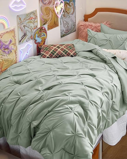 Bedsure Twin Size Comforter Set - Bed in a Bag Queen 5 Pieces, Pintuck Beddding Sets Sage Green Bed Set with Comforter, Sheets, Pillowcase & Sham - LeafyLoom