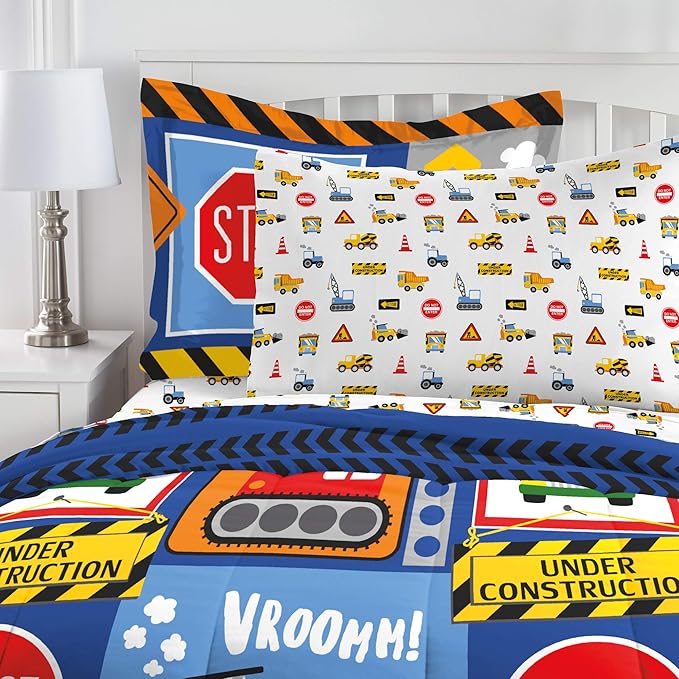 dream FACTORY Kids 5-Piece Complete Set Easy-Wash Super Soft Microfiber Comforter Bedding, Twin, Navy Blue Under Construction - LeafyLoom