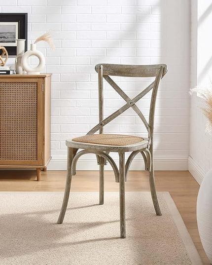 Modway Gear Rustic Modern Farmhouse Elm Wood Rattan Dining Chair in Gray - LeafyLoom