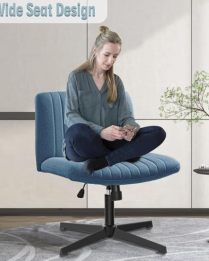 Armless Office Chair no Wheels, Ergonomic Wide Seat Swivel Desk Chair, Height Adjustable Cross Legged Comfortable Computer Chair for Living Room, Vanity Accent Chair Navyblue - LeafyLoom