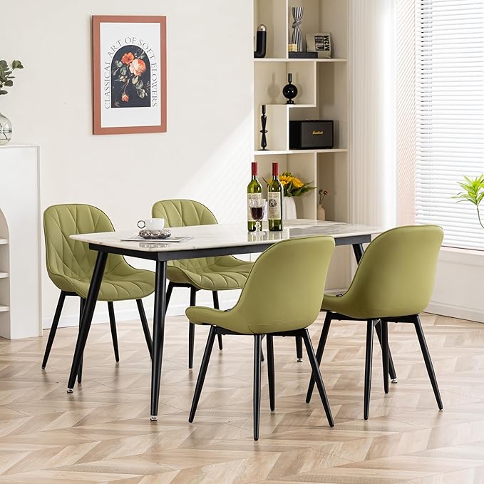 YOUNIKE Dining Chairs Set of 2, Grass Green Comfy Padded Kitchen Chairs, Armless Modern Faux Leather Upholstered Dining Room Chairs, Elegant Dinning Chairs Side Chairs, Loads up to 300LBS - LeafyLoom