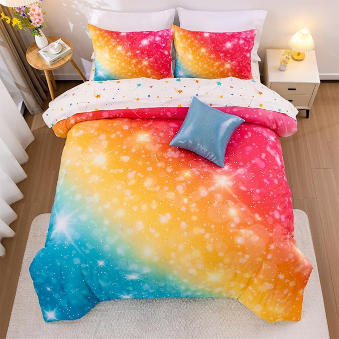 A Nice Night Gradient Glitter 6Pcs Bed in A Bag Bedding Set for Girls Twin Size, Colorful Rainbow Galaxy Comforter Set, Ultra Soft Bedding Sets, YellowBlue - LeafyLoom