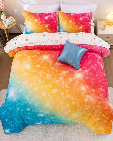 A Nice Night Gradient Glitter 6Pcs Bed in A Bag Bedding Set for Girls Full Size, Colorful Rainbow Galaxy Comforter Set, Ultra Soft Bedding Sets, YellowBlue - LeafyLoom