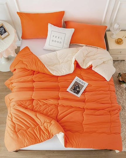 COTTEBED Reversible Ultra-Soft Bright Orange Beige Twin Comforter Set for Girl Boy Kid Dorm, Jersey Knit T-Shirt Feel Cute Lightweight Cozy Comfy Bedding Blanket Down Conforter All Season Twin/Twin XL - LeafyLoom