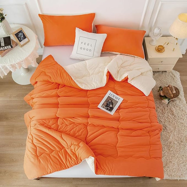 COTTEBED Reversible Ultra-Soft Bright Orange Beige Twin Comforter Set for Girl Boy Kid Dorm, Jersey Knit T-Shirt Feel Cute Lightweight Cozy Comfy Bedding Blanket Down Conforter All Season Twin/Twin XL - LeafyLoom