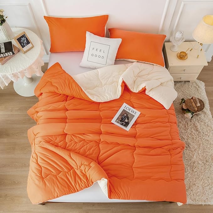 COTTEBED Reversible Ultra-Soft Bright Orange Beige Twin Comforter Set for Girl Boy Kid Dorm, Jersey Knit T-Shirt Feel Cute Lightweight Cozy Comfy Bedding Blanket Down Conforter All Season Twin/Twin XL - LeafyLoom