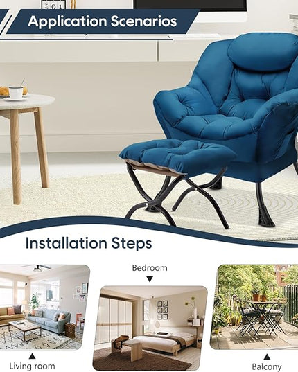 Lazy Chair with Folding Ottoman Modern Large Accent Chair,Contemporary Lounge Leisure Sofa Chair with Armrests Upholstered Sofa Armchair Reading Chair for Bedroom,Dorm & Office,Blue - LeafyLoom