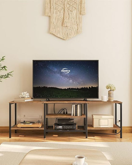 HOOBRO TV Stand with Power Outlets to 75 Inches, TV Console Table with Open Storage Shelves Cabinet, Industrial Media Entertainment Center for Living Room Bedroom, Rustic Brown and Black BF80DS01 - LeafyLoom