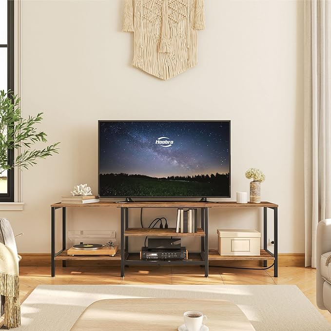 HOOBRO TV Stand with Power Outlets to 75 Inches, TV Console Table with Open Storage Shelves Cabinet, Industrial Media Entertainment Center for Living Room Bedroom, Rustic Brown and Black BF80DS01 - LeafyLoom