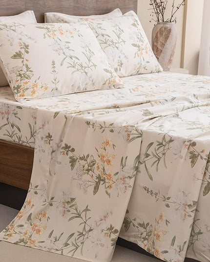 QSH Floral King Size Sheet Sets - 100% Egyptian Cotton Floral Bedding Sheets Yellow Green Leaves Flower Pattern Printed Bedding King Size Bed Sheets 17.5" Extra Deep Pocket 4pcs - LeafyLoom