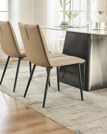 YOUTASTE Dining Chairs Set of 2 Mid Century Modern Upholstered Kitchen Chairs Soft Padded Side Chairs Leather Dinner Chairs with Metal Legs for Living Room Bedroom, Khaki - LeafyLoom